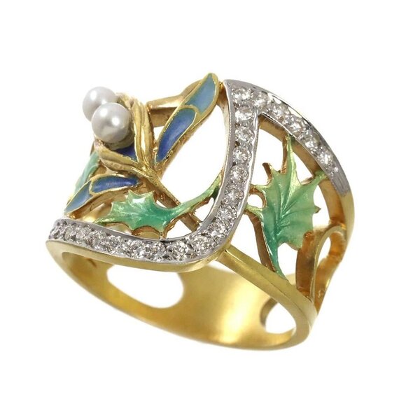 MASRIERA Diamond Enamel Pearl Ring 18K YG 750 Size6.75(US) 90275582 - Picture 5 of 9